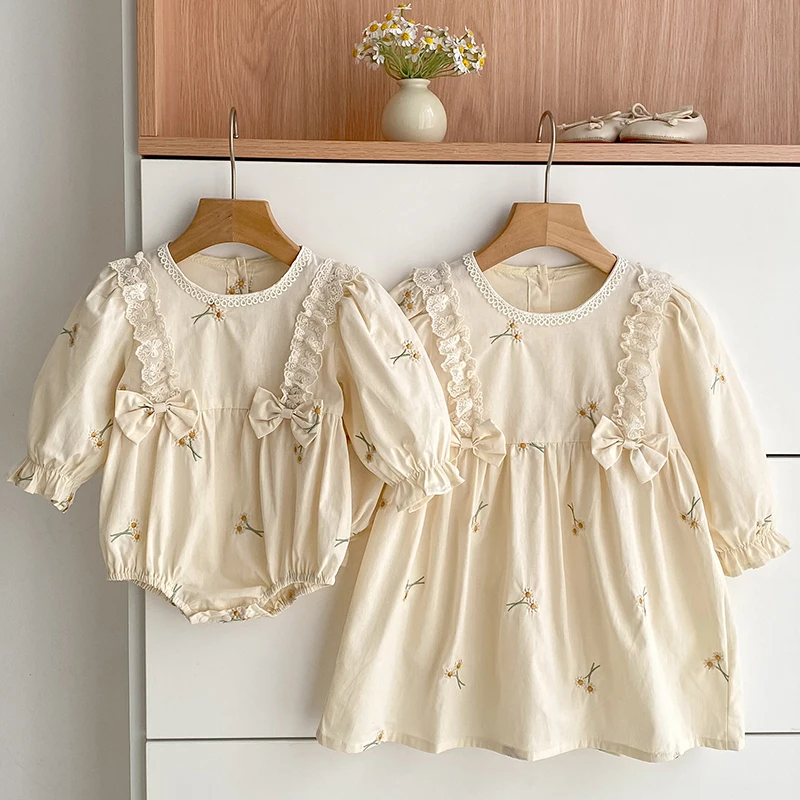 New Sisters Clothes Bow 0-7Yrs Girl Party Dress Cotton Embroidery Flower Kids Princess Dresses Baby Girl Romper Children Clothes