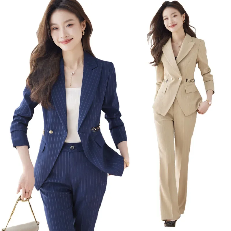 Pop 2024 Spring Autumn New Retro Striped Elegant Blazer Coat And High Waist Flare Pant Two Piece Set Women's Suit Business Cloth