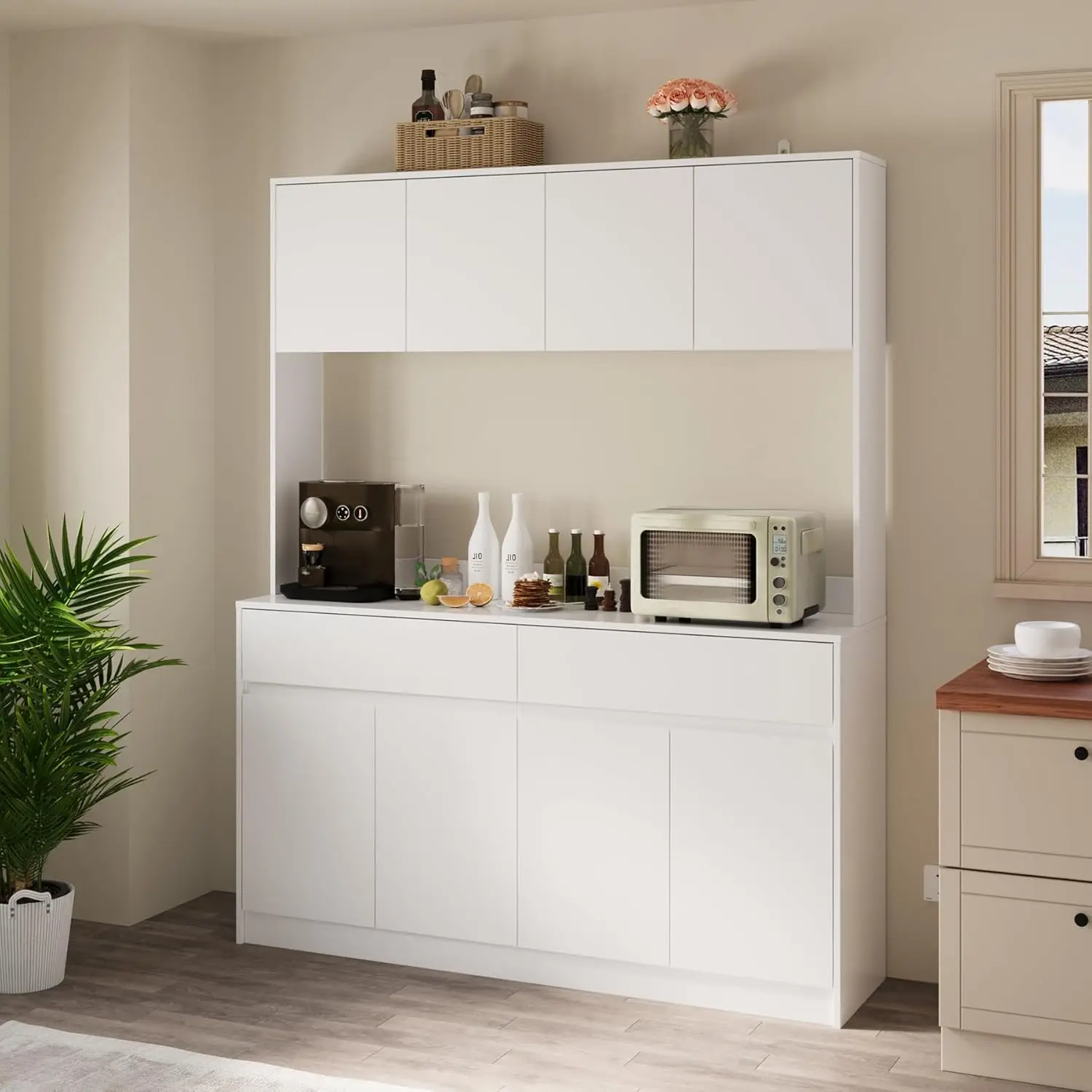 

71-дюймовый кухонный шкаф для кладовой, кухонный шкаф с подставкой для микроволновой печи, буфетный шкаф с большими ящиками для хранения вещей для столовой (белый)