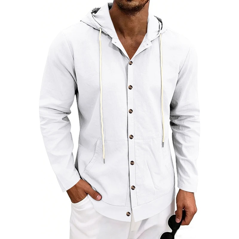 Men's spring autumn American linen hooded cardigan shirt, loose minimalist style, casual top for beach commute vacation