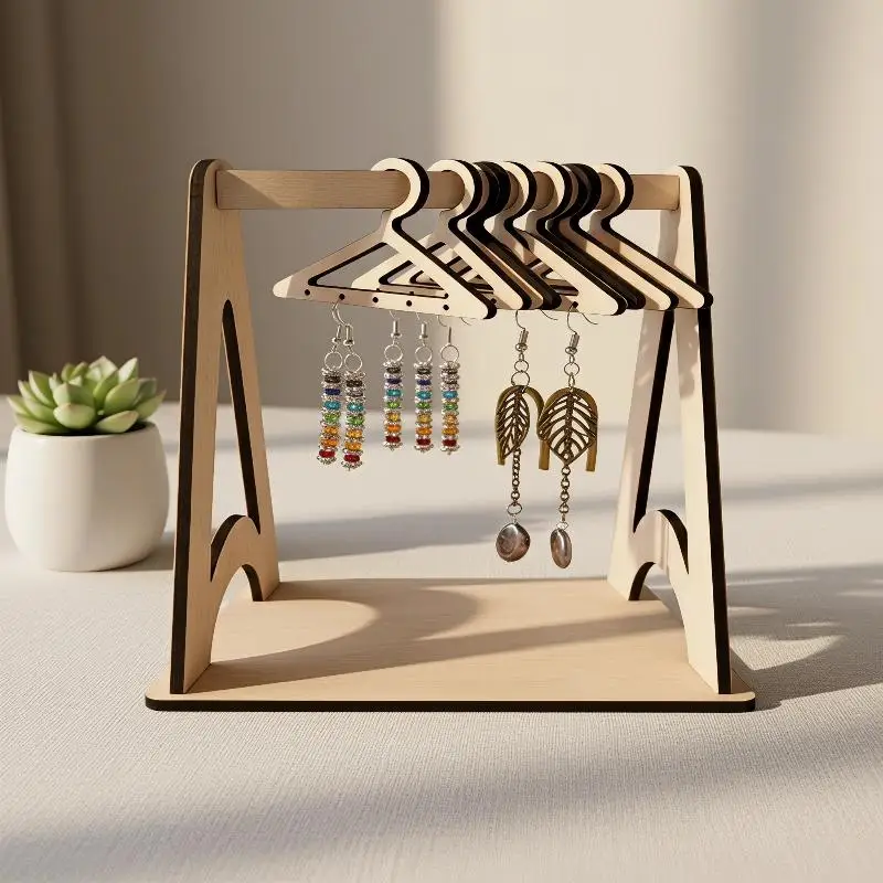 Wooden Jewelry Storage Rack Multi Hanging Hooks Earrings Necklaces Display Stand for Bedroom Vanity Desktop Organizer Gift
