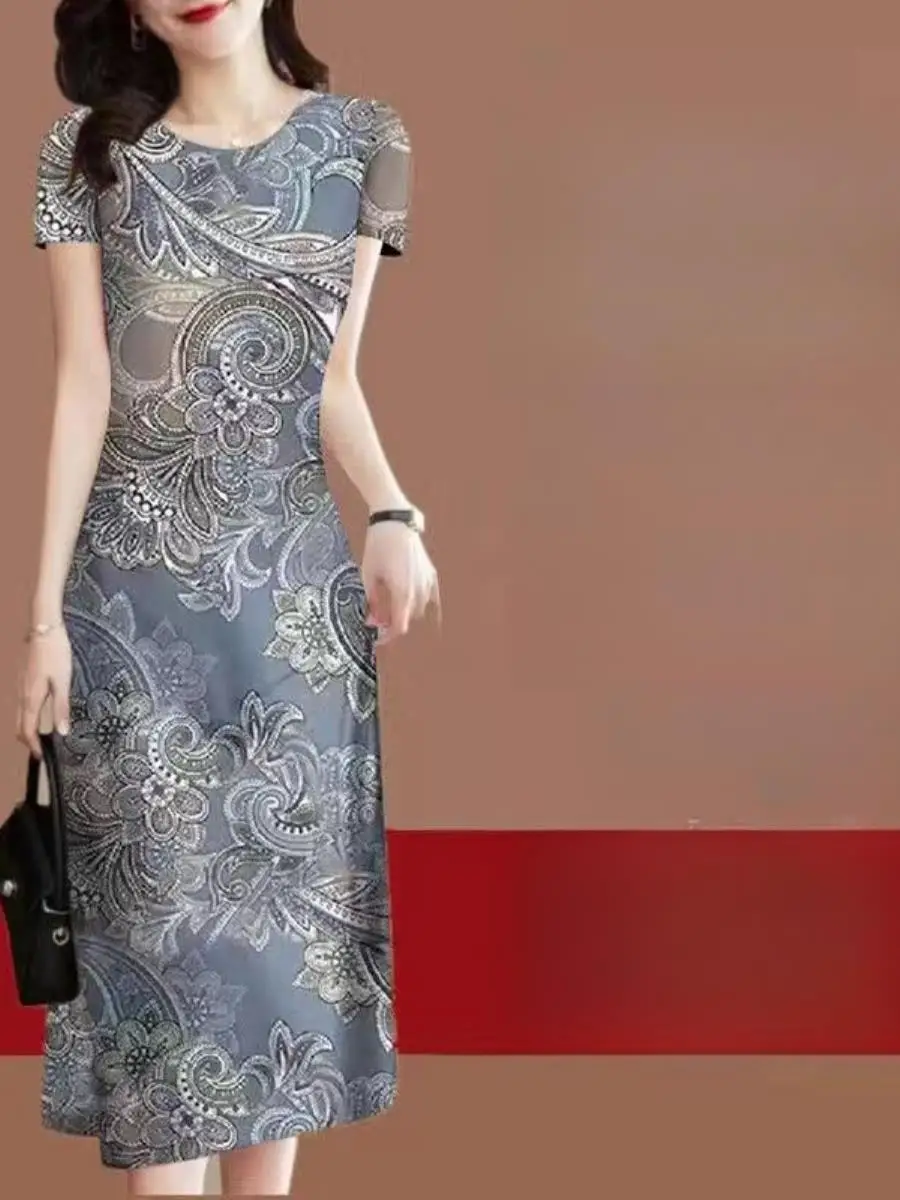 夏の新作アイスシルクお腹カバーワンピース-レディース-ママスタイル-半袖-エイジングケア-多用途-エレガント-おしゃれ-襟ピン付き