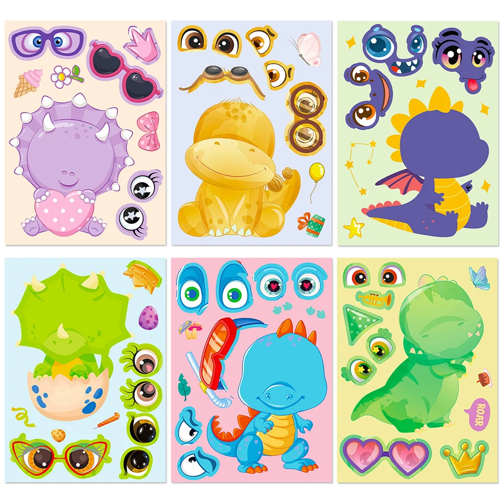 6/12 Vellen Schattige Cartoon Dinosaurus Gezicht Veranderen Puzzelstickers Voor Kinderen Speelgoed Anime Make-A-Face Diy Game Assembleren Puzzel Party Cadeau