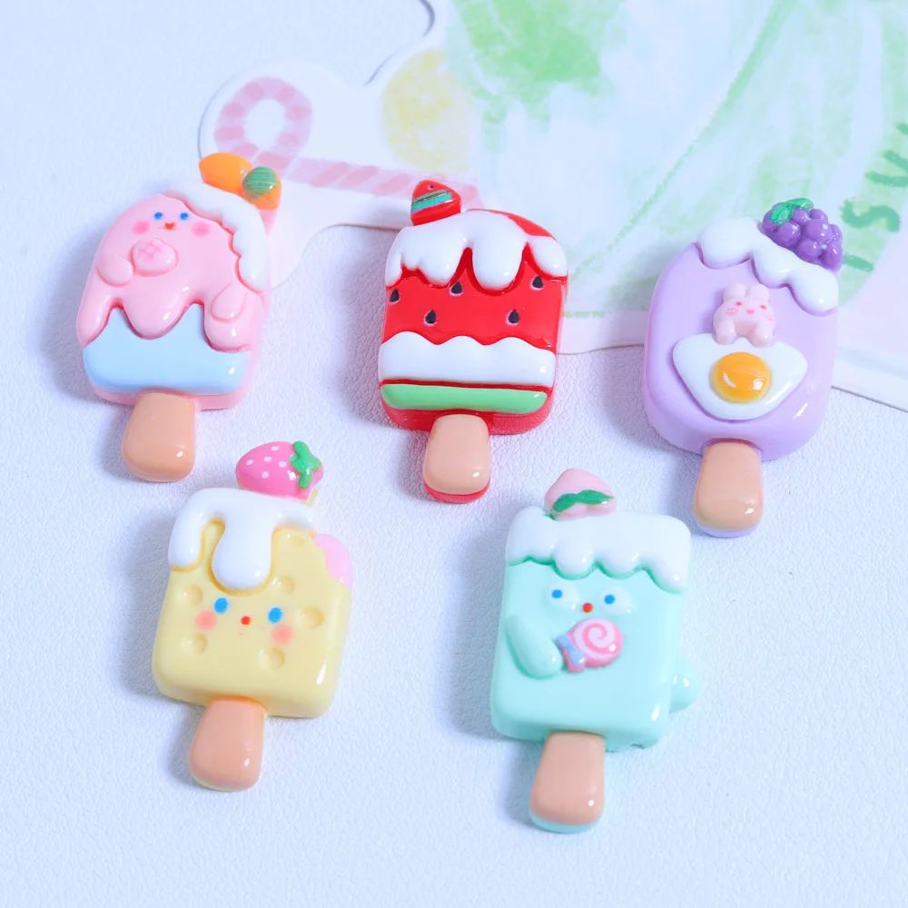 10Pcs Cartoon Popsicle Resin DIY Scrapbook Phone Case Hair Clip Bag Refrigerator Patch Embellishment Craft Material Accessories