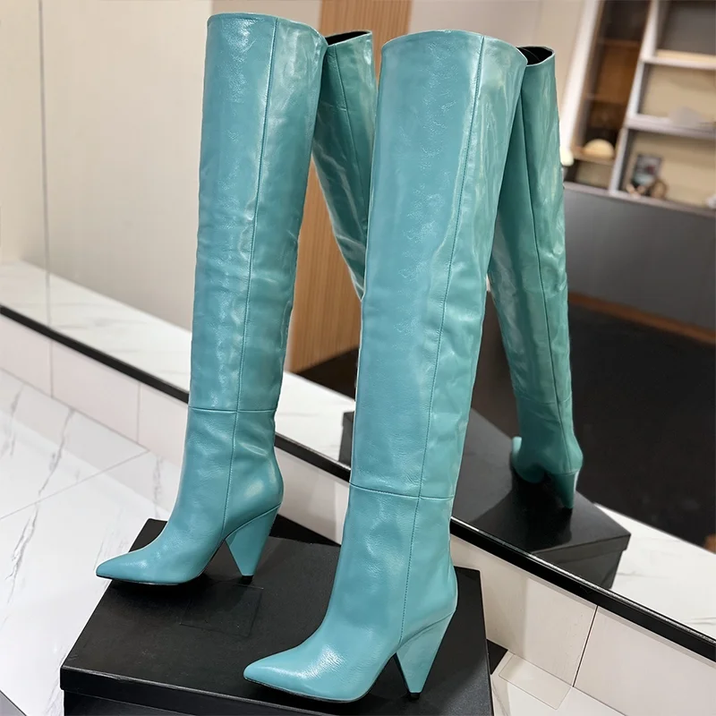 

High quality glossy leather women's over knee long boots for autumn/winter, thick heels and pointed toes, elegant design25061576