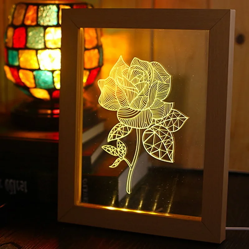 

3d Photo Frame Illuminative Led Night Light Wooden Flower Desktop Decorative Usb Lamp For Bedroom Art Decor Christmas Gifts