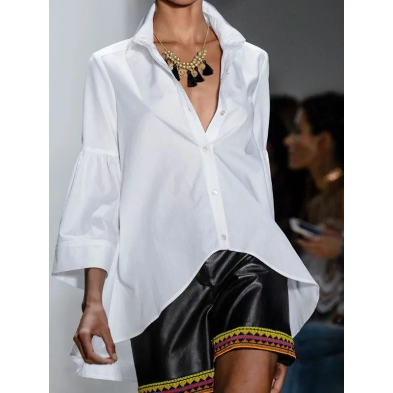 Weißes, lässiges High-Low-Damenhemd 2026, 100 % Baumwolle, lockeres Revers, ausgestellte Ärmel, Bürokleidung, einreihige Blusen und Hemden, Tops 184829