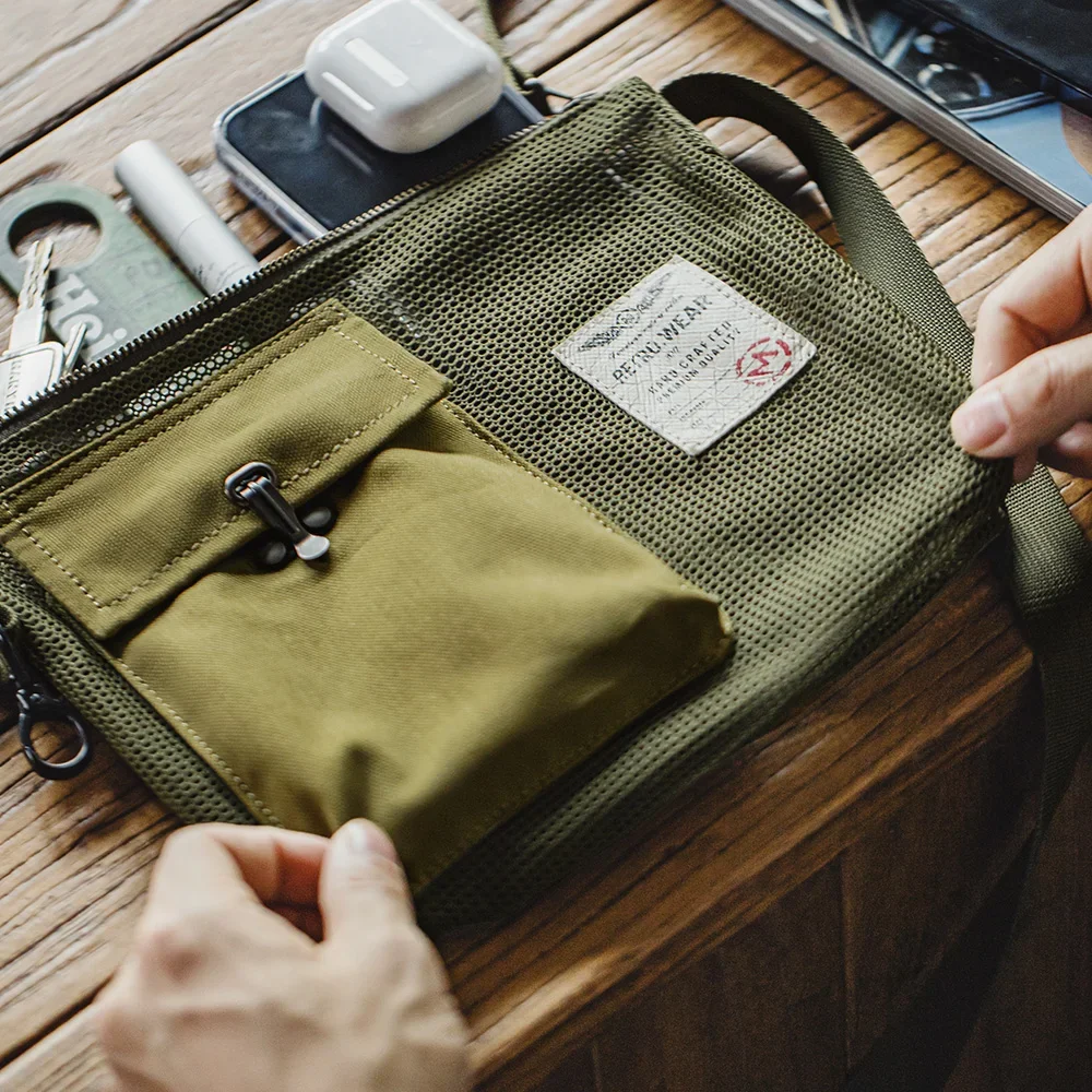 

Maden Outdoor Crossbody Bag Men's Green Summer Lightweight Mesh Messenger Bag with Adjustable Strap Phone Pouch for Hiking&Daily