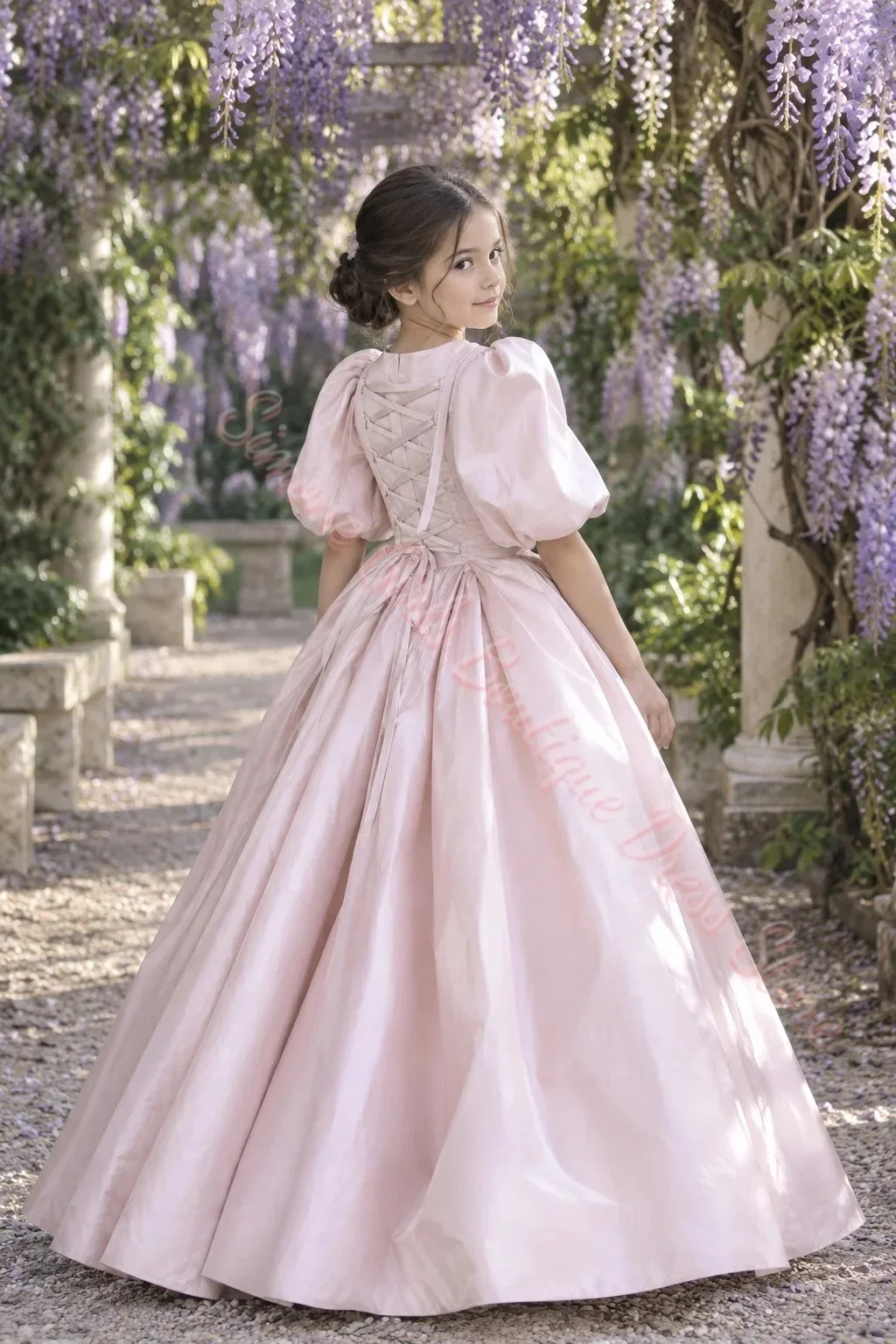 Großhandel Rosa Blumenmädchenkleid Kleine Brautjungfer für Hochzeit Bischoßärmel Bodenlang Maßgeschneidertes Satin-Abendkleid für Kommunion – Detail 2