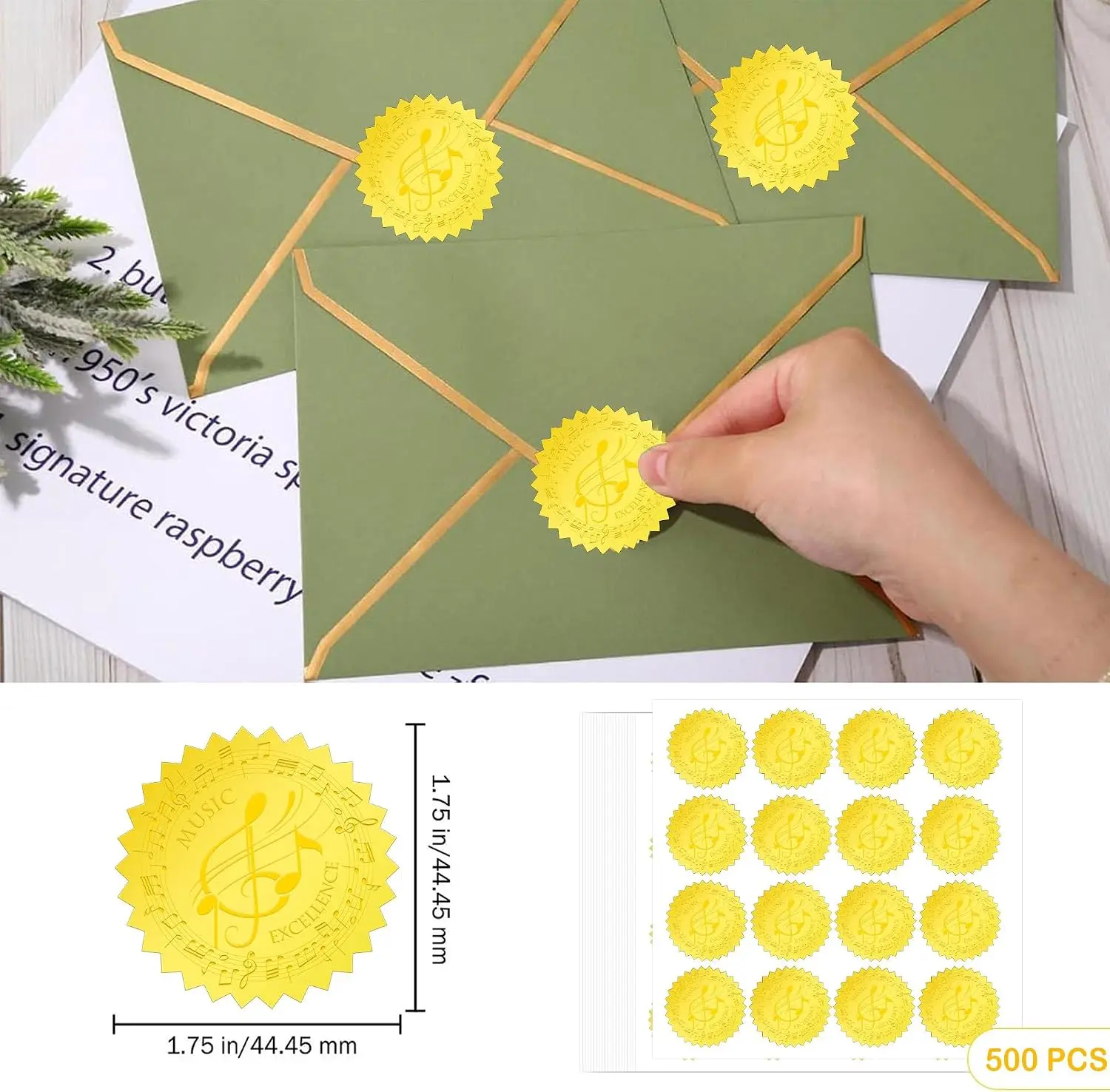 Gold Foil Music Note Certificate Seals1.75 Inch Embossed Self-Adhesive Stickers for Awards, Invitations & Graduation Foil