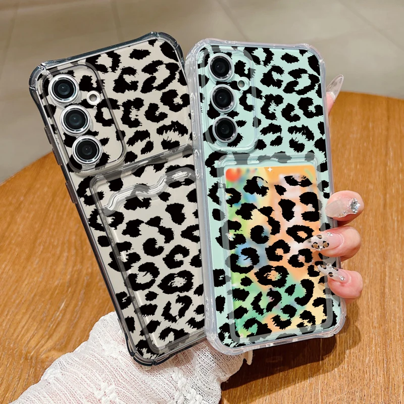 Leopard Print Clear Card Bag Case For Samsung Galaxy S24 S23 FE S22 Ultra A55 A35 A15 A52 A54 A34 A14 A16 5G A06 A05 Soft Cover