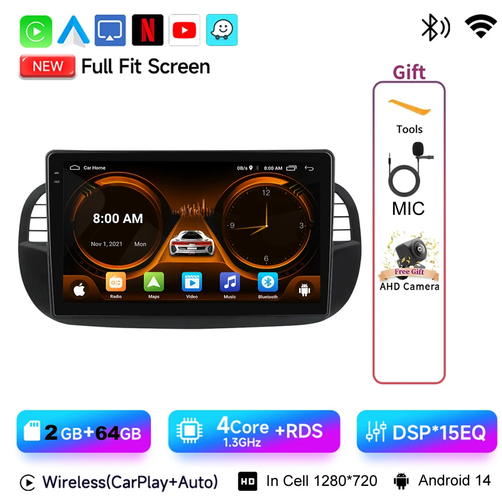 JIUYIN 9 "Android 15 Autoradio Voor FIAT 500 2007-2015 Multimedia Draadloze CarPlay Android Auto GPS Navigatie 4G Stereo Scherm
