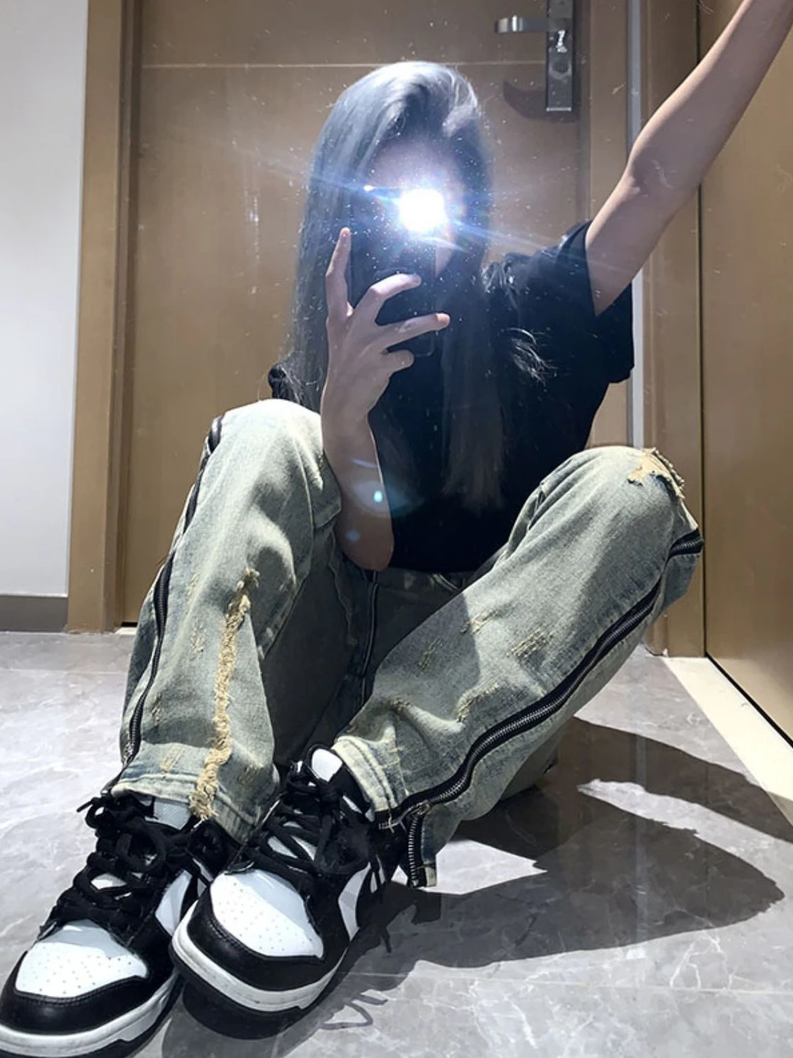 

Мужские джинсы в стиле ретро с дырками, винтажные, в американском стиле, на молнии, модные, прямые, широкие, с высокой талией