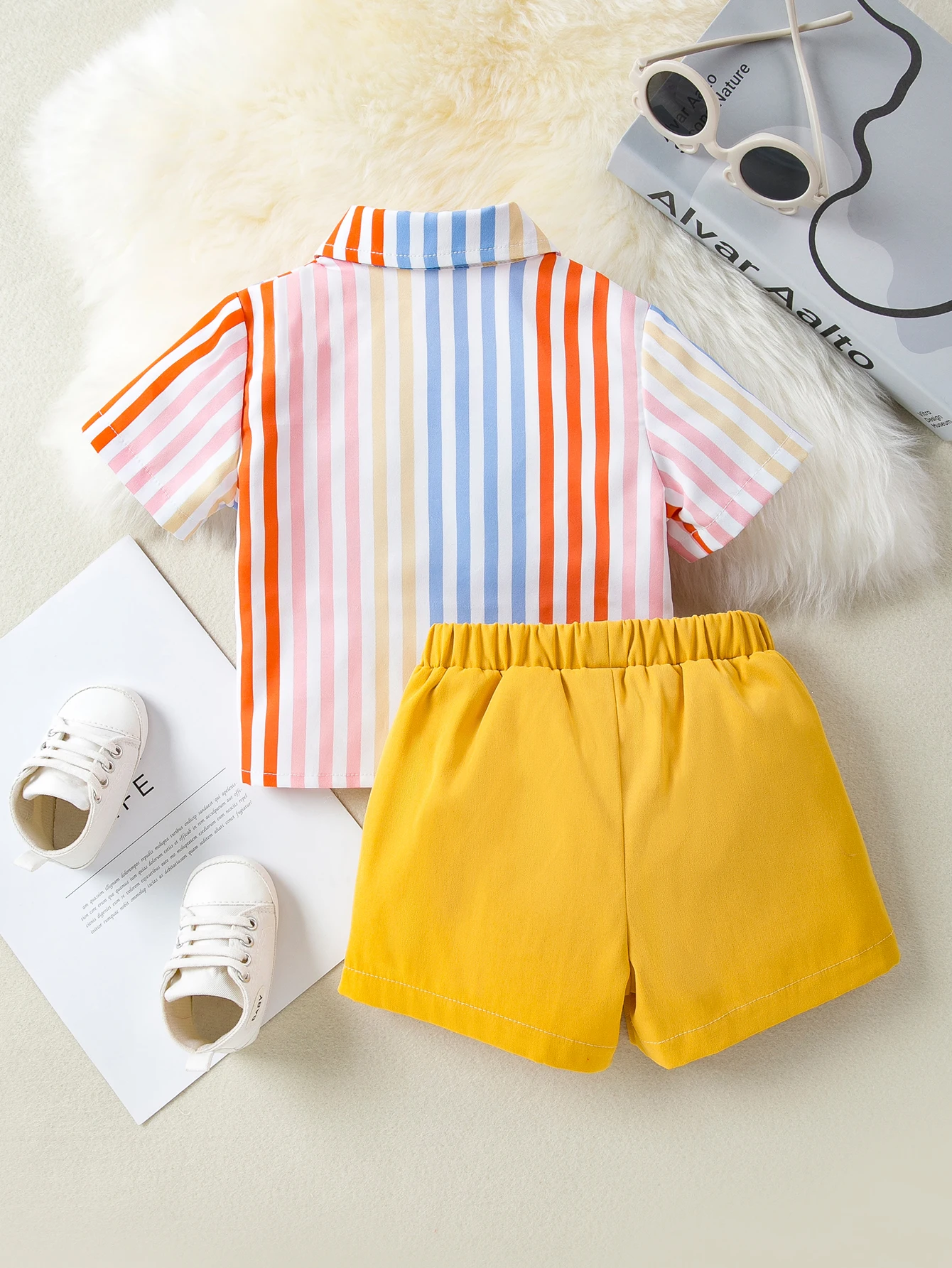 Baby Boys Spring Summer New Striped Short Sleeve Shirt Cargo Shorts 2pcs Set Bear Patch Decoration Daily Casual Kids Outfit
