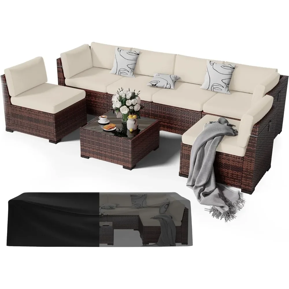 

Patio Furniture Sets 7 Piece Modular Outdoor Sectional Sofa Wicker Rattan Patio Conversation Set w/Cushions, Coffee Table