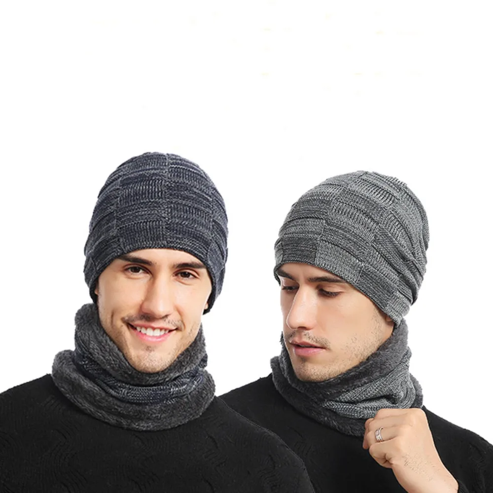 

Fashion Acrylic Fibres Men Scarf and Hat Set Elastic Soft Pullover Cap Solid Color Thickened Woolen Hat School