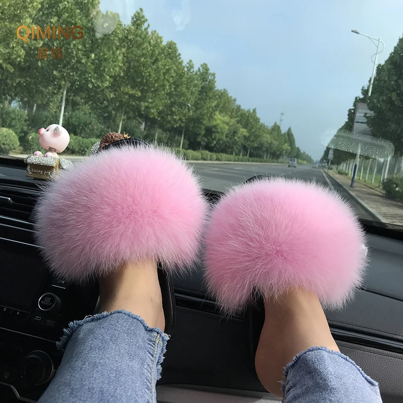 Verão Real Fur Slippers Senhoras Interior Furry Fur Flip Flops Mulheres Plush Fox Fur Slides Para As Mulheres Casa Sapatos Mulher Chinelo Praia