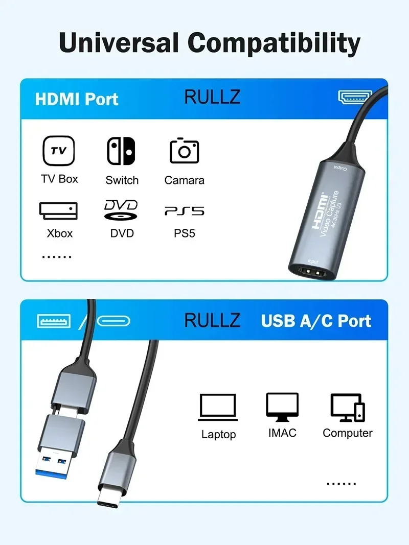 Placa de captura de vídeo usb 3.0 hdmi para usb tipo-c game grabber 4k 30hz u3 para switch xbox ps4 ps5 laptop pc gravação de streaming ao vivo