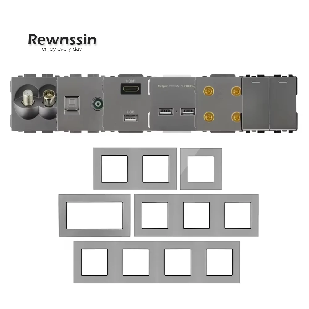 Série S-DIY Acessórios de Vidro Cinza Tomada de Parede USB Interruptor de Luz RJ45 TV Módulo HDMI Quadro 110V-250V DIY Combinação Gratuita