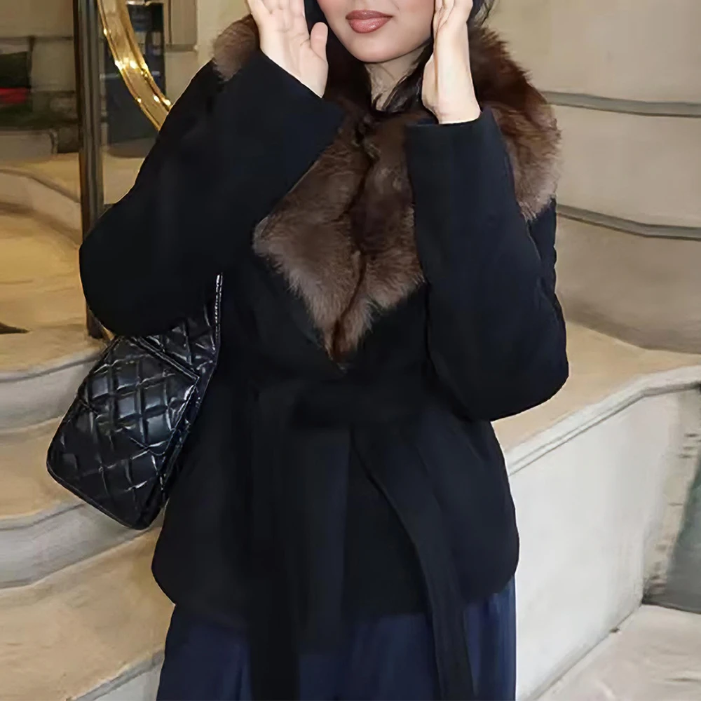 

Модное повседневное шерстяное пальто с меховым воротником, женская одежда, быстрая доставка, элегантная верхняя одежда для женщин