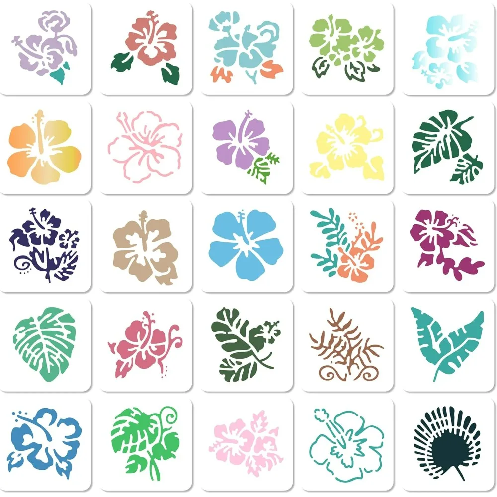 25 Styles Hibiscus Stencils Reusable Plastic Flower Leaf Tropical Leaves Palm Tree Nature Floral Art Craft Drawing Template