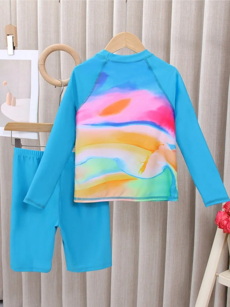 Two Piece Girls Kids Swimsuit 2026 New Letters Gradient Long Sleeves Children Swimwear Shorts Beachwear Bathing Suits Swimming