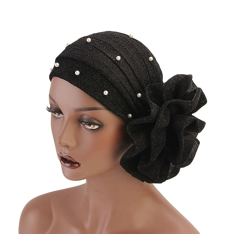 Fashion Women Hair Caps Muslim Beaded Glitter Turban India Cap Big Flower Headband Hair Lose Head Wraps Styling Accessories