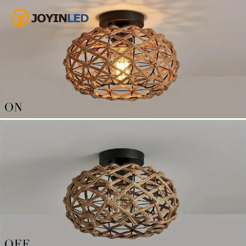 JOYINLED Woven Rattan Wicker Pendant Light Hemp Rope Ceiling Light Retro Fixture for Kitchen Bedroom Hallway Living Room