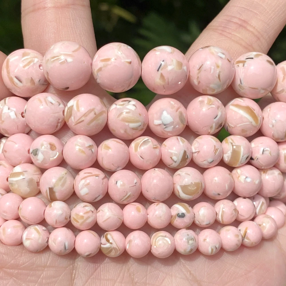 6mm-12mm natürliche hellrosa Schale Howlite Türkis runde Perlen für Schmuck herstellung DIY Armbänder Halskette 15"