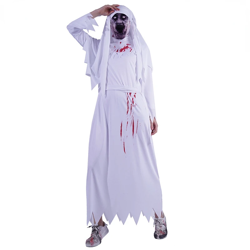 Halloween Adult Women's Girl Ghost Festival Horror Blood Stained Zombie Nun Party Costume