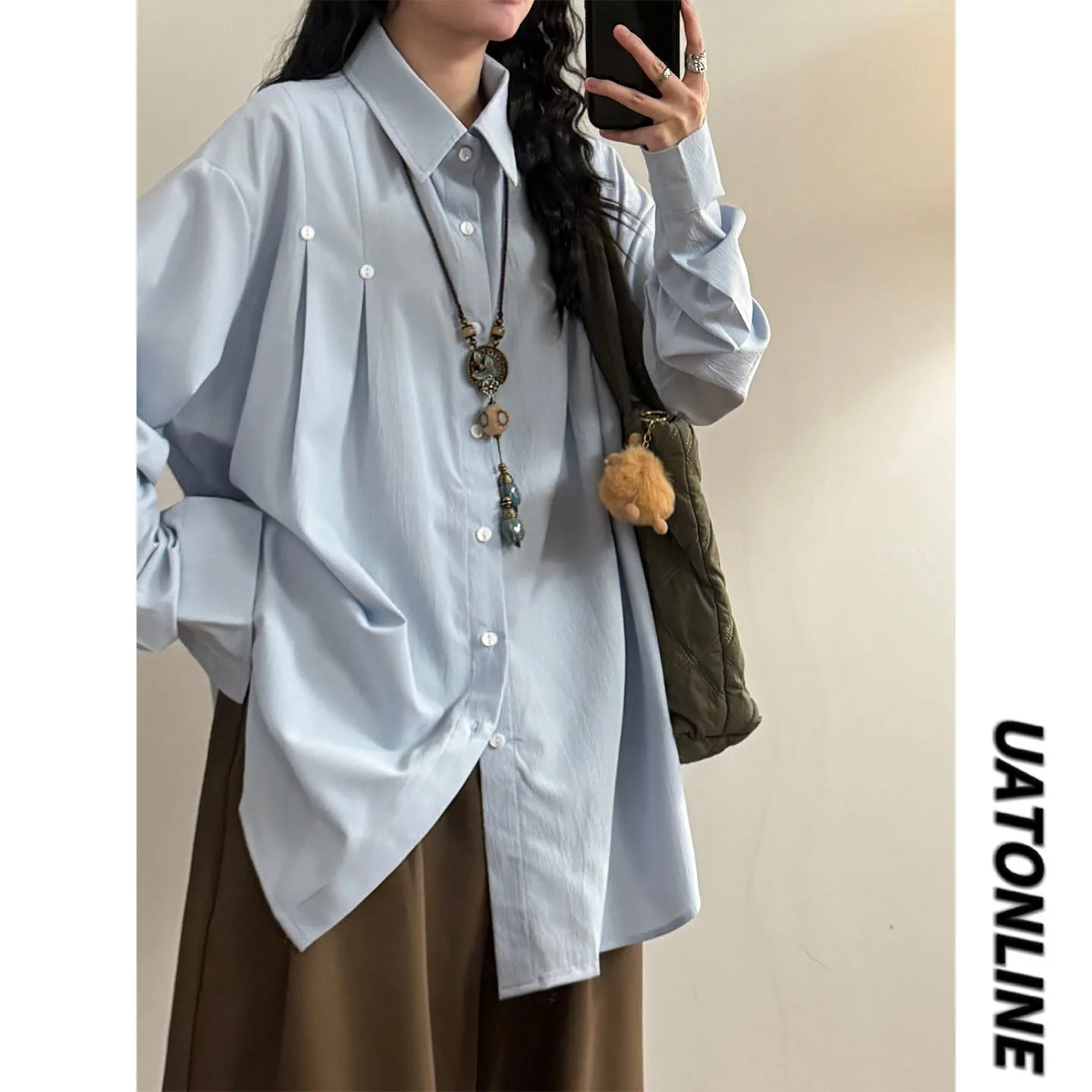 

UATONLINE2026 Весенняя женская свободная рубашка в американском ретро-стиле с длинным рукавом, однотонная, с плиссировкой, модная повседневная рубашка