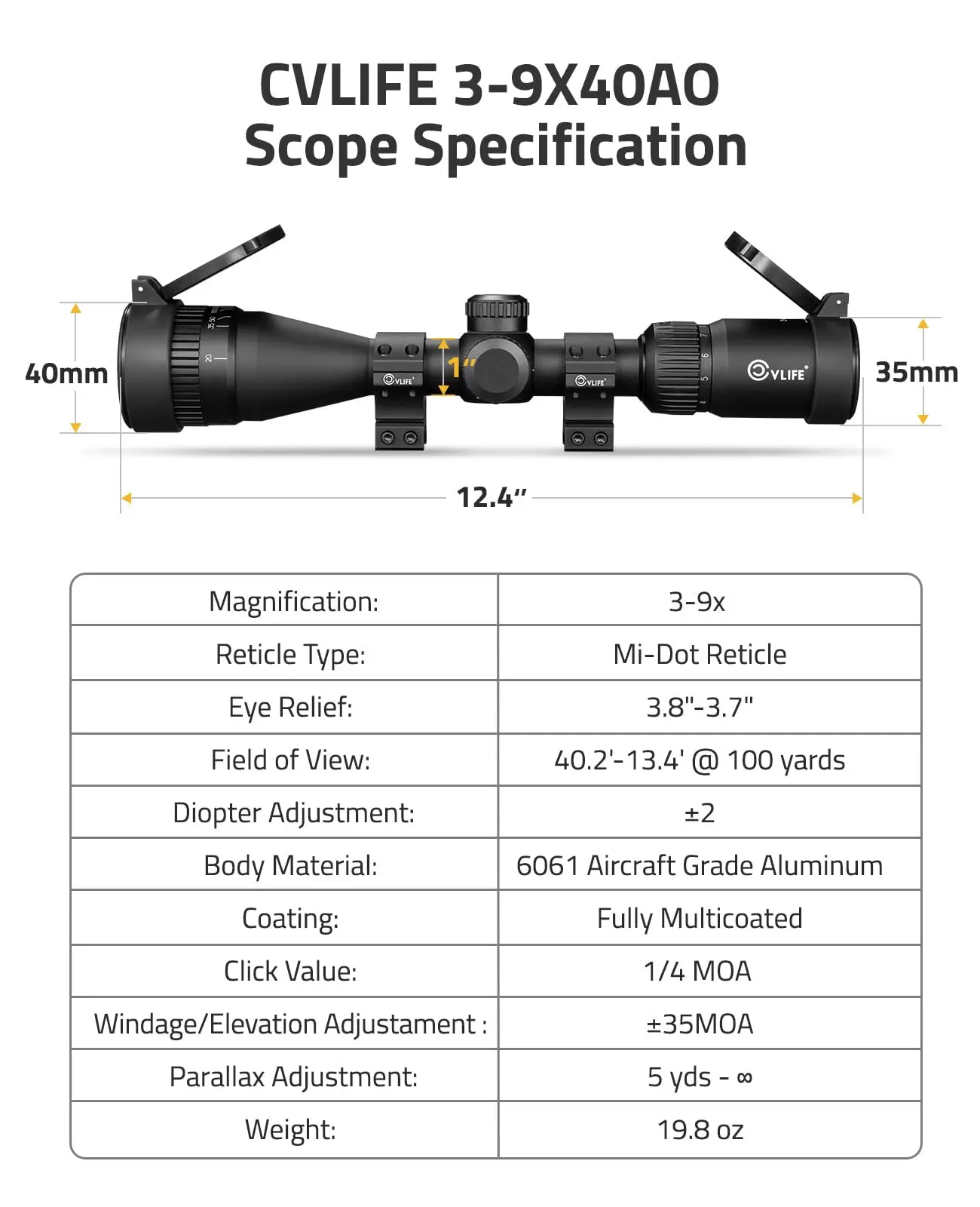 

EagleFeather 3-9x40 AO Rifle Scope Hunting Red Green Illuminated Mil Dot Reticle 1 inch Tube SFP Rifle Scope 20mm Scope Rings