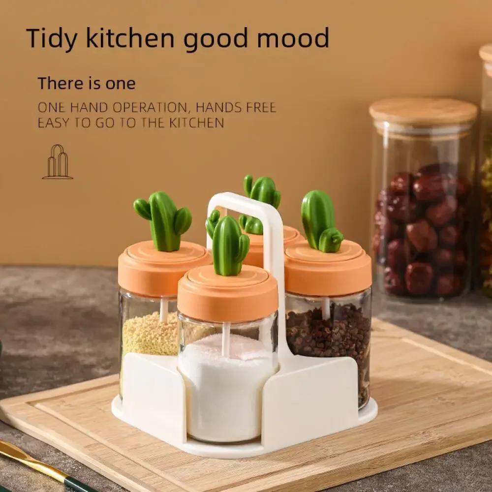 Cactus Seasoning Storage Box Home Glass Spice Jar Salt Container Bottle Set Condiment Organizer Kitchen Tool Cooking Accessory