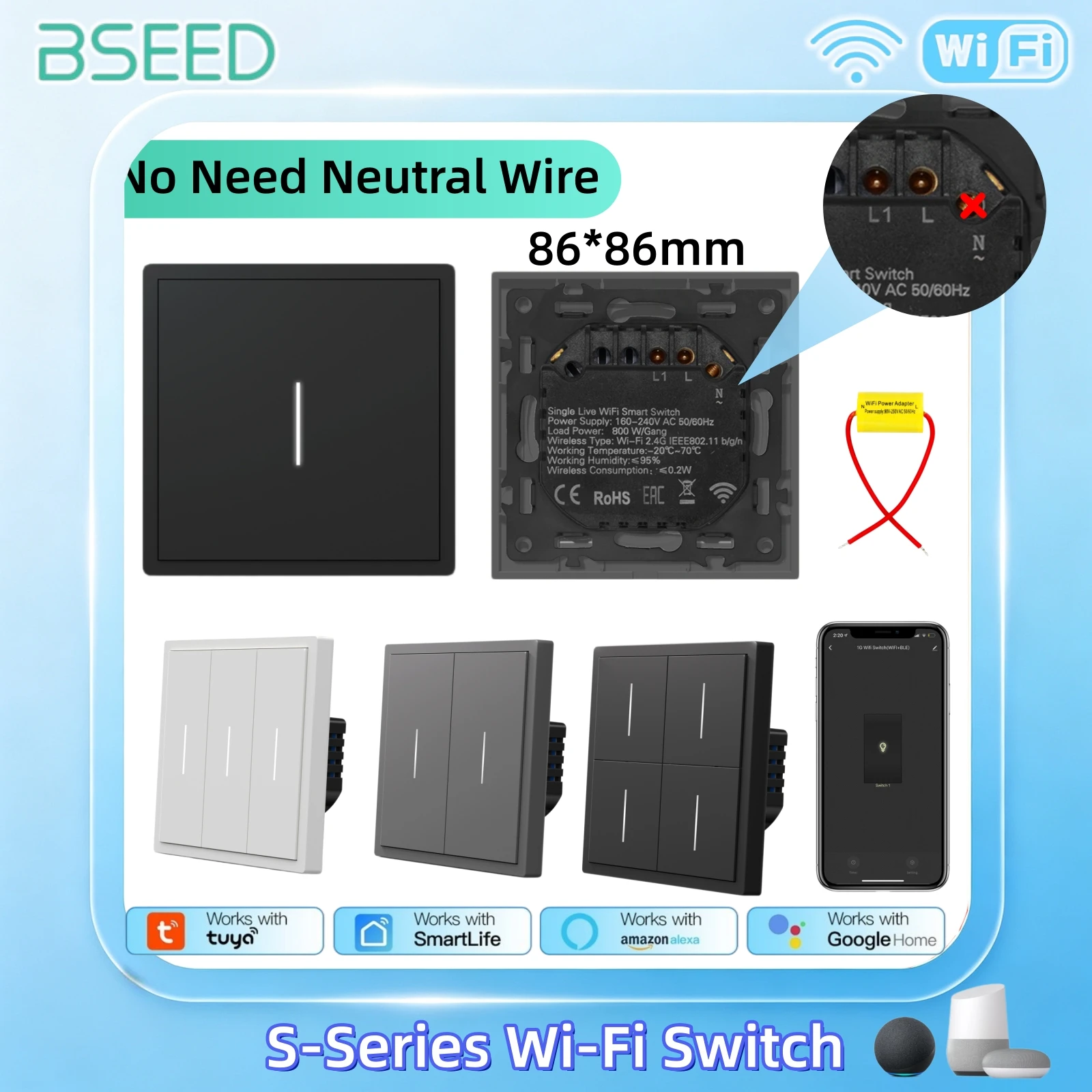 BSEED S-Serie WIFI 1/2/3/4-fach Smart-Taster-Schalter, kein Neutralleiter erforderlich, kabelgebunden, für Tuya Smart Life, Alexa und Alice steuerbar