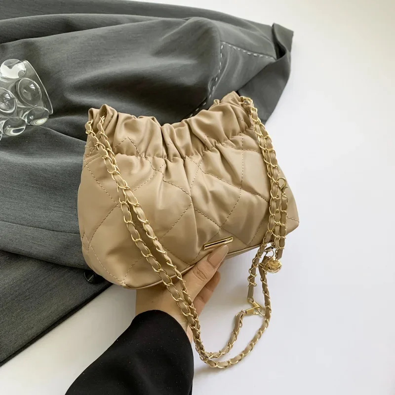 Rhombus embroidery thread fashion bag women's pleated chain shoulder bag versatile ins crossbody bucket bag