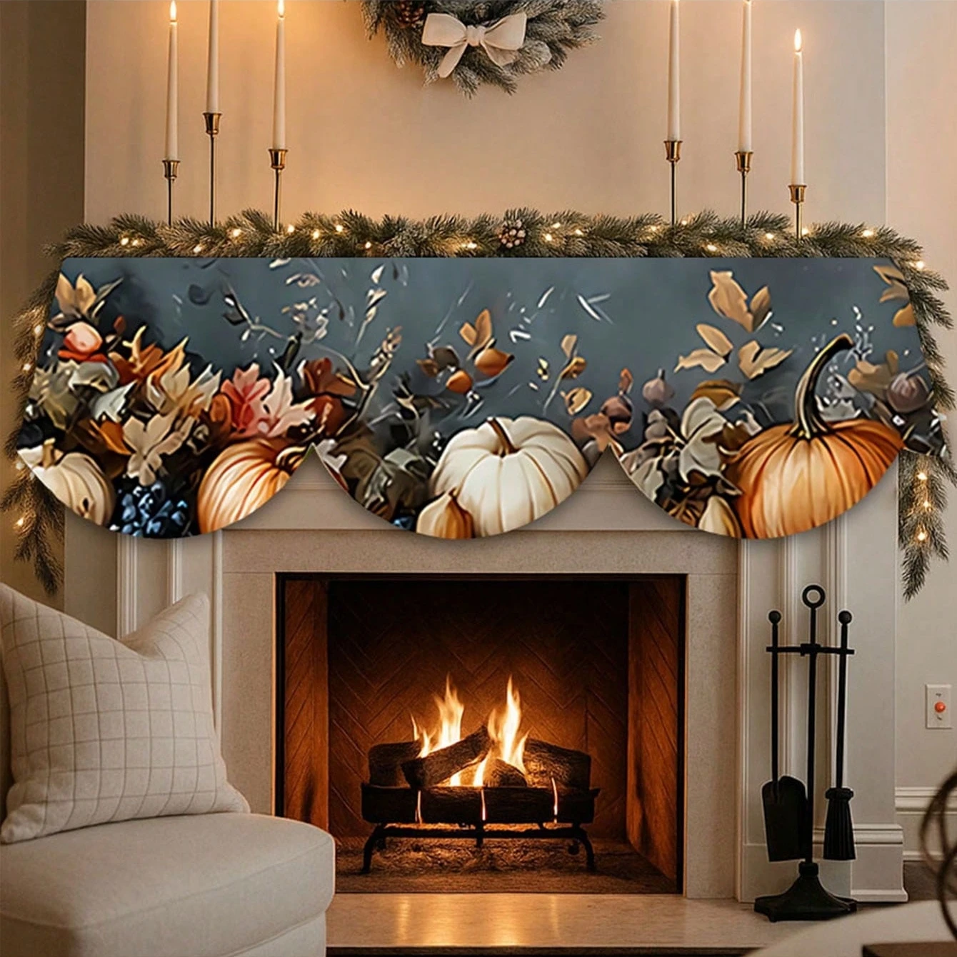 1pcs Pumpkin Fireplace Scarf, Thanksgiving Decoration Fireplace Scarf,  Autumn Leaf & Flower Dresser Scarf