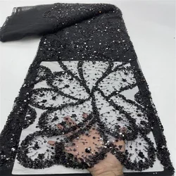 Luxury Black African Lace Fabric Heavy Bead Embroidered 3D Sequins Mesh Tulle Lace For Sew Wedding Party Dress High Quality 2024