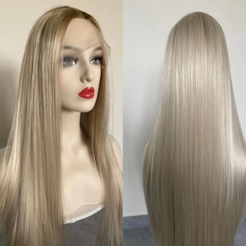 Straight Ombre Ash Blonde Heat Safe Lace Front Synthetic Wig Free Part Glueless Natural Looking Middle Part Hairline For Women