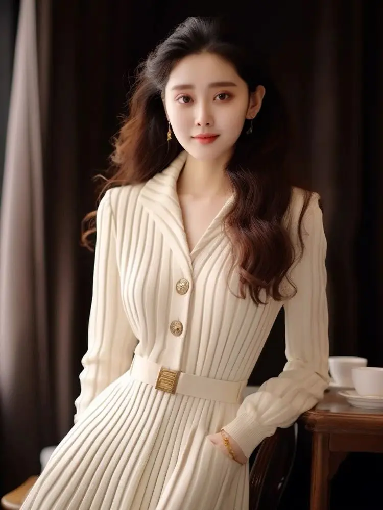 Luxury French Knitted Bodycon Dress for Women Autumn/Winter New V-neck Long Sleeve Waist Cinched Slim High End White Maxi Dress