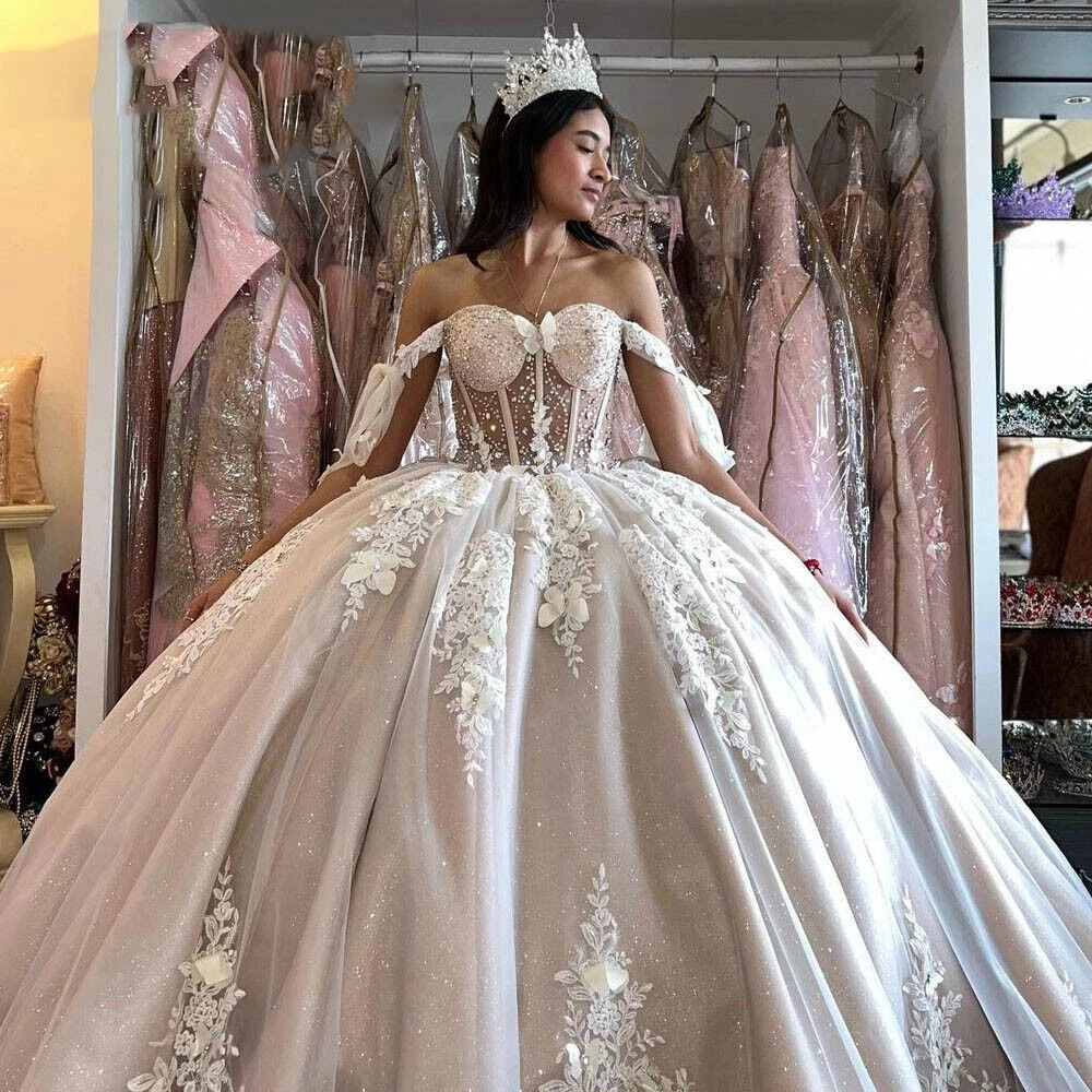 ANGELSBRIDEP-vestido De baile De tul champán para quinceañera, hombros descubiertos, apliques De mariposas, Vestidos De fiesta De 15 Años