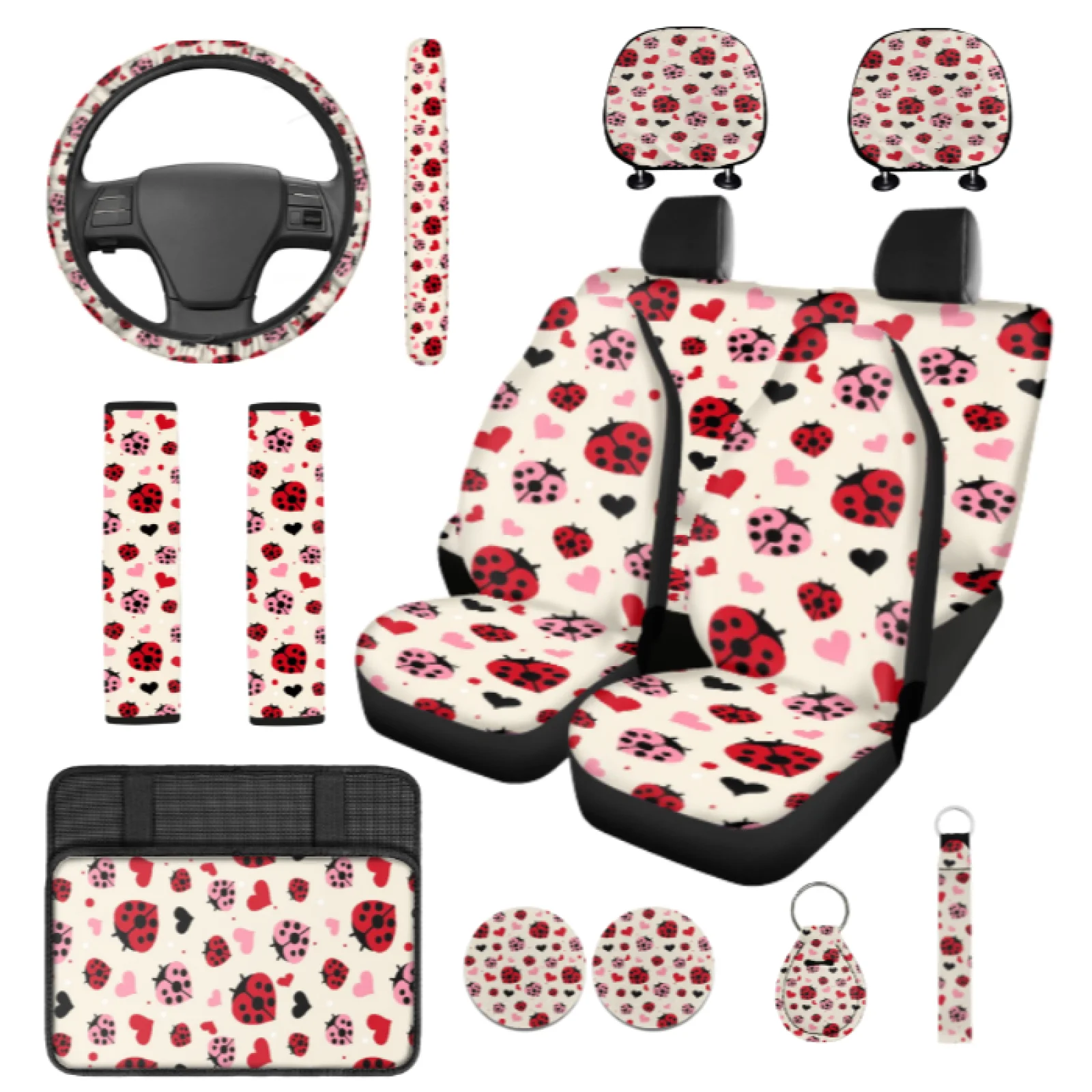Coloranimal Ladybug Hearts 14 Pieces Car Seat Covers Sets with Comfortable Auto Cup Holder Mat and Wrist Keychain for Auto