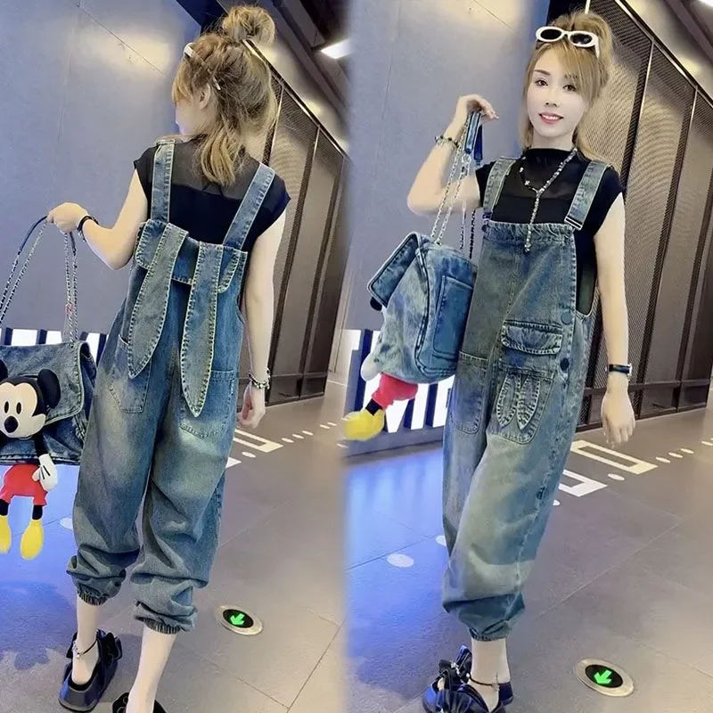 

Spring Autumn Jeans Suspenders Women 2025 New Fashion Loose Denim Suspenders Pants Rabbit Ears Leg-Binding Pants Female