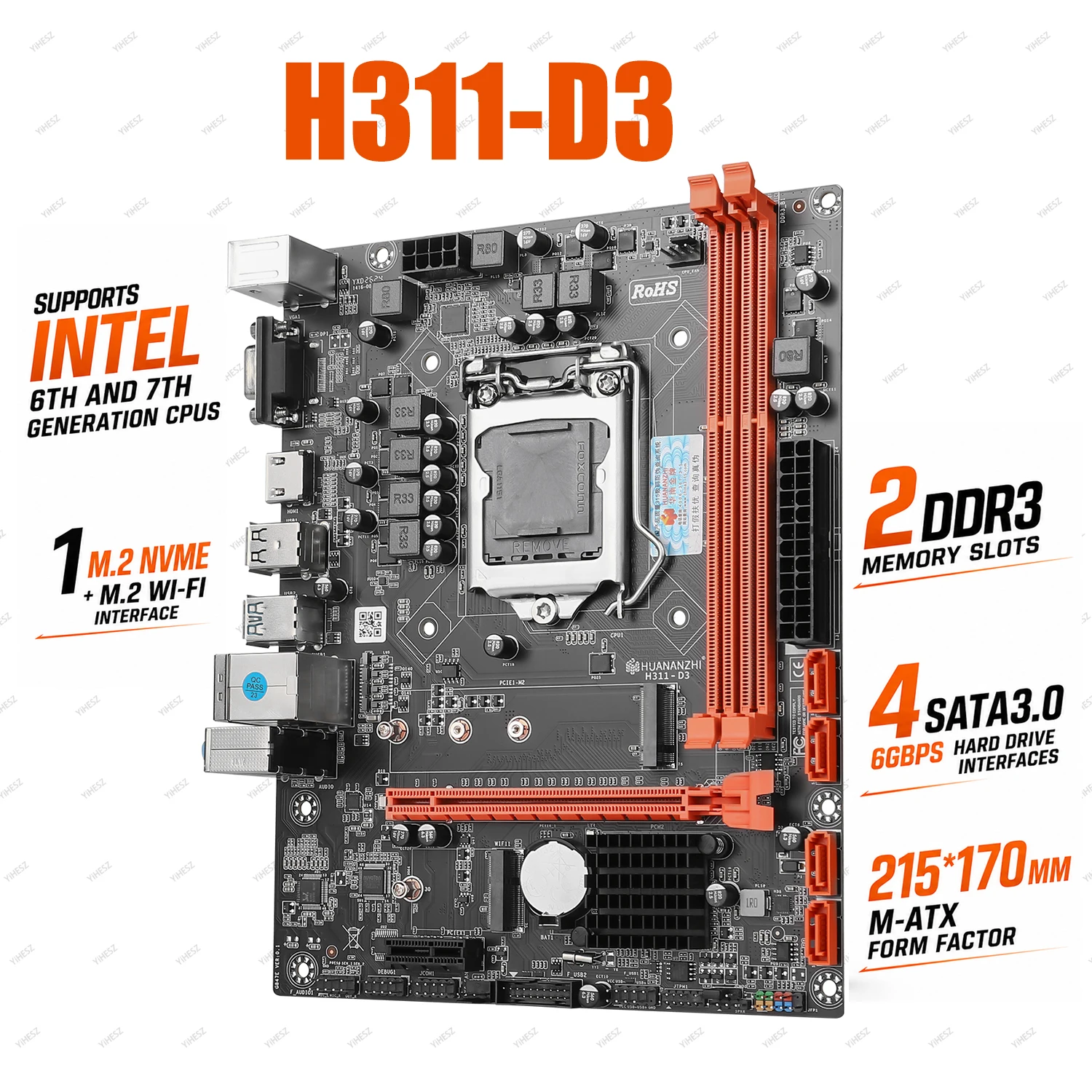 HNZ H311-D3 V2.0 Motherboard Intel B250 Chipset LGA1151 DDR3 Support Intel Core 6th 7th Gen CPU M.2 NVMe SATA3.0 PCIe 3.0 MATX
