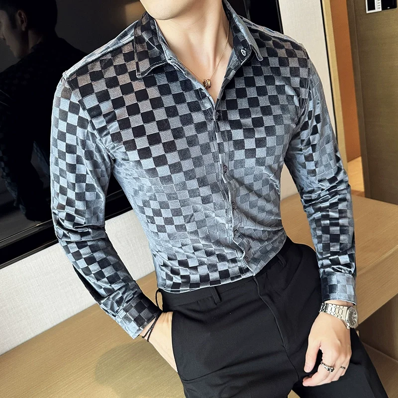 Luxury Plaid Black Velour Mens Shirts Checked Elegant Gentleman Business Work Office Wear Velvet Blouse Silver Slim Fit Clothing