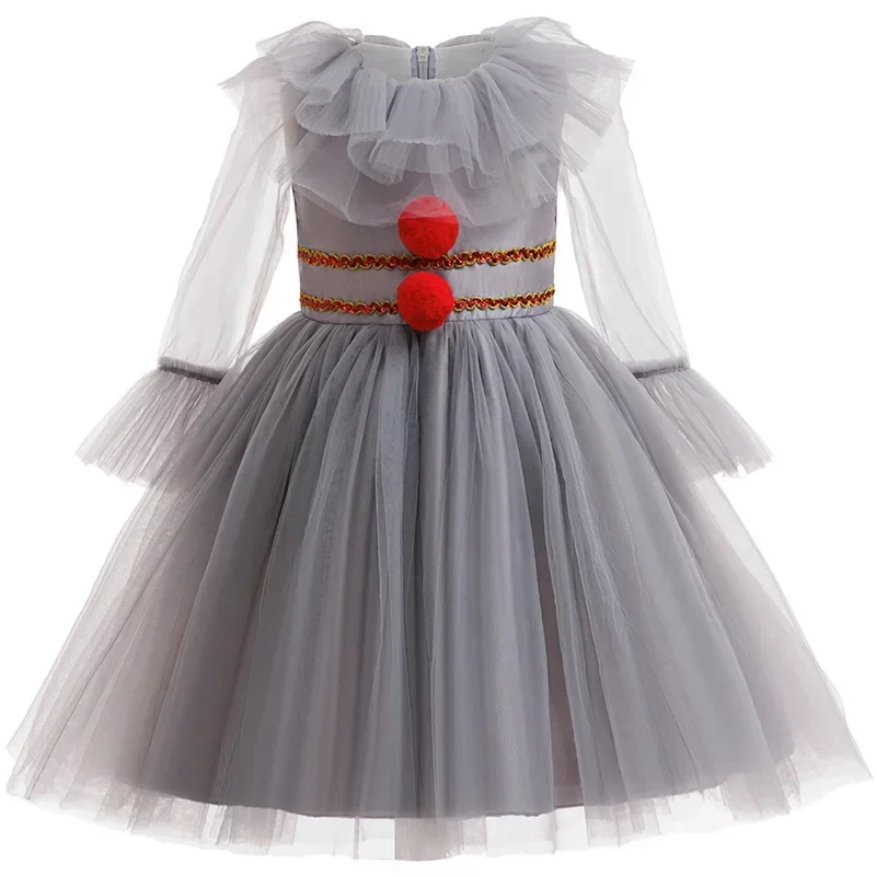 Halloween Grey Joker Costume for Kids Clown Cosplay Carnival Party Clothes Gray Children Girls Fancy Tulle Tutu Dresses