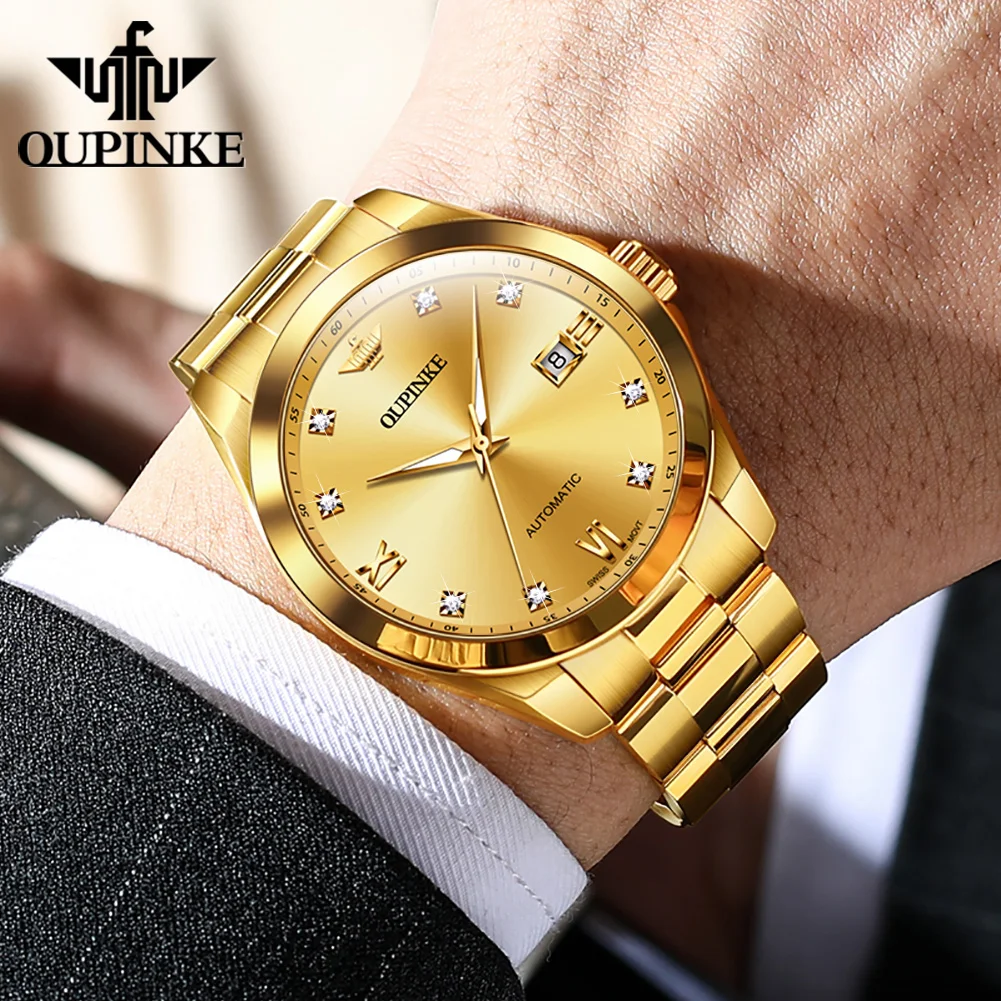 OUPINKE Luxury Brand Real Diamond Watch for Men Swiss Movement Stainless Steel 5Bar Waterproof Automatic Mechanical Wristwatches