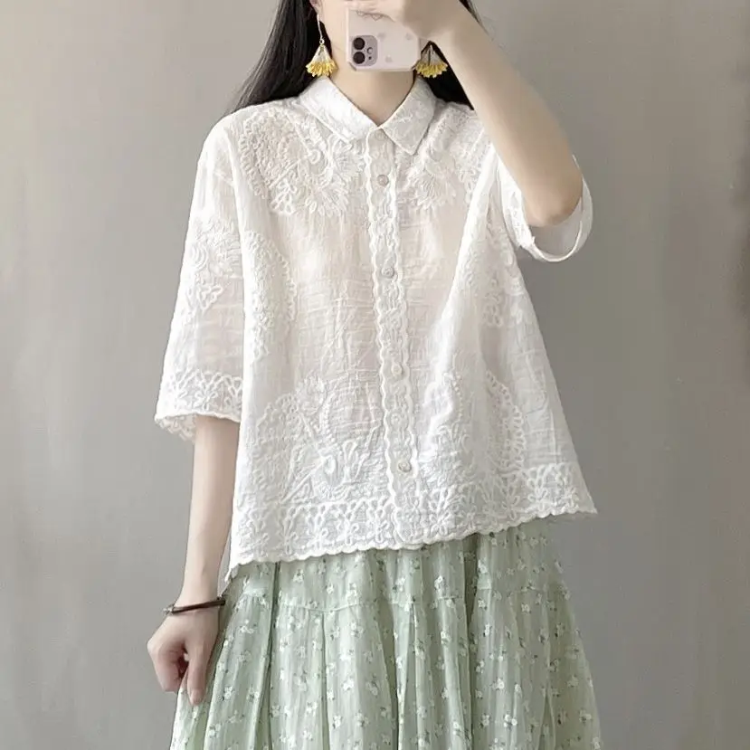 

Хлопковый кардиган с вышивкой и кружевом, женская летняя свободная короткая рубашка с воротником и рукавами до локтя