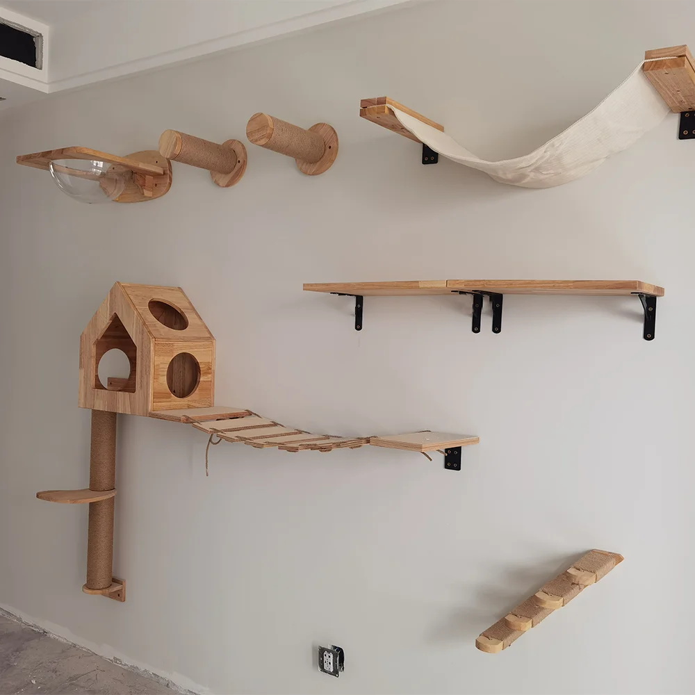 Wall Mounted Cat Climbing Shelves Cat Hammock with Ladder and Scratching Post Wooden Platform Pet Furniture for Kitten Playing