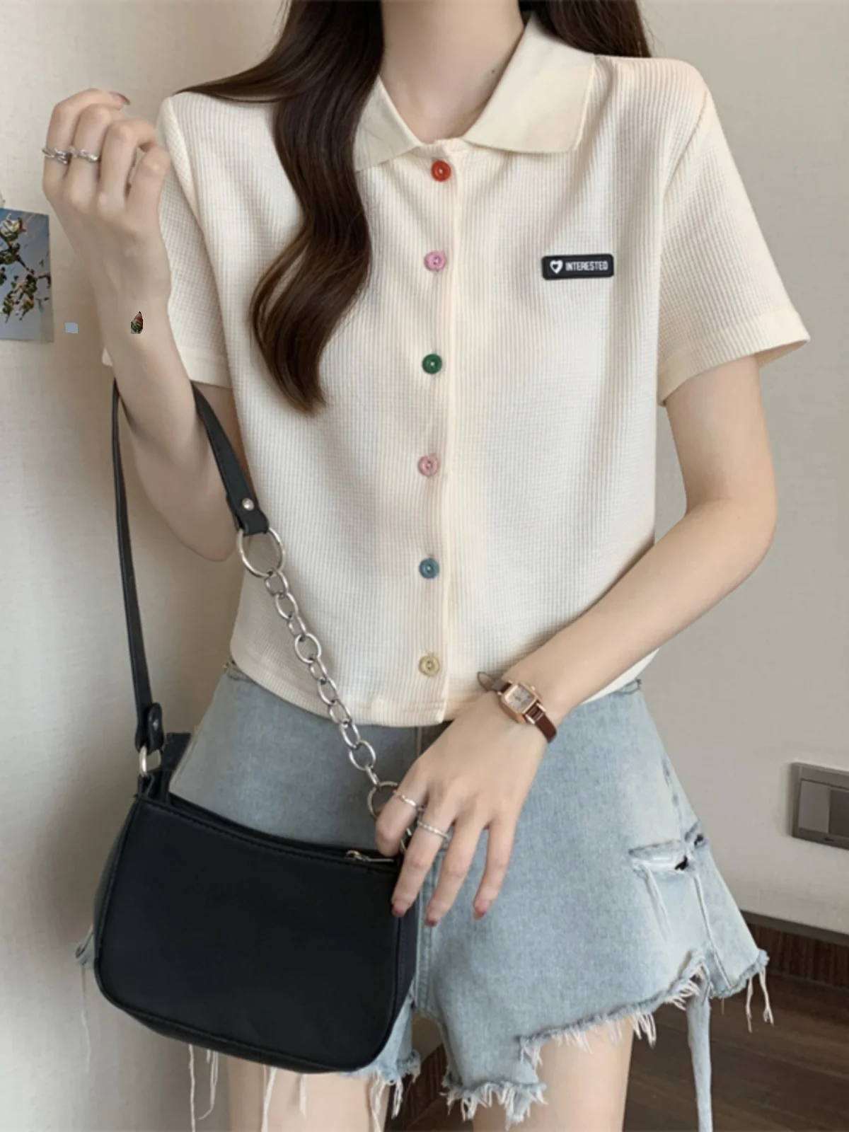  Button  Neck Short Sleeve T-Shirt Women Summer plus Size Slimming College Style Top Korean Loose Fit Pure Color