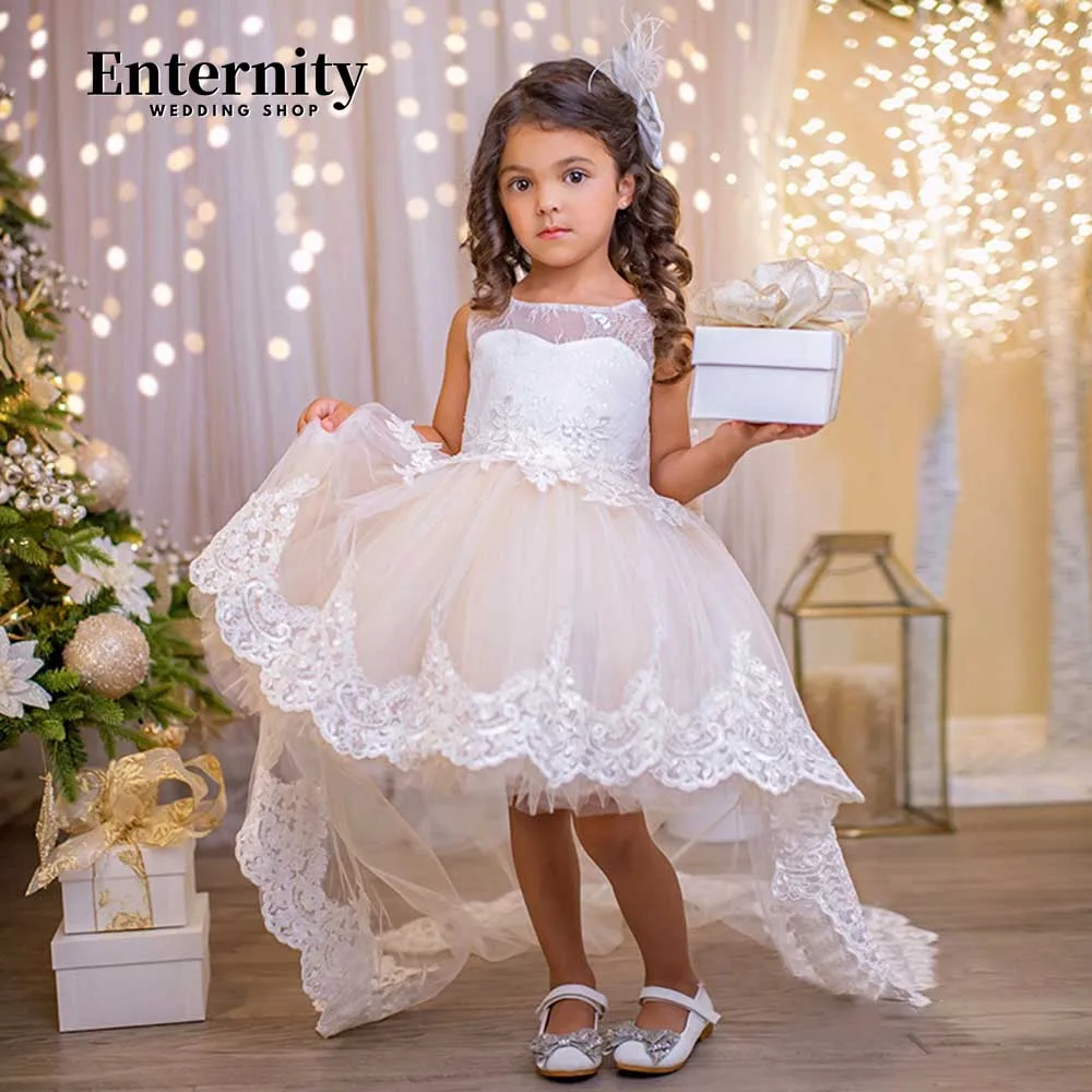 

Princesse Enfant Fold Trailing Lovely Baby Little Girl Lace Appliques Ball Gown Knee-length Illusion Back Vestidos Para Niñas